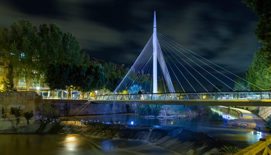 Scenic view of the Manterola Footbridge at night, beautifully illuminated with city lights in Murcia, Spain.