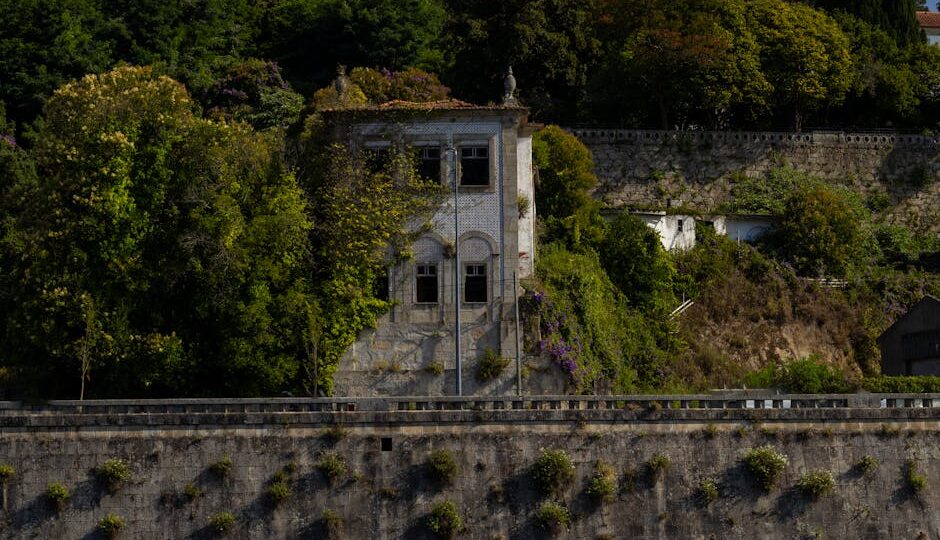 An old abandoned house covered in green foliage on a hillside, evoking mystery and history.