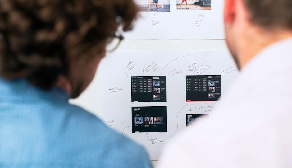 Two business professionals brainstorming and planning software development with a whiteboard in an office.