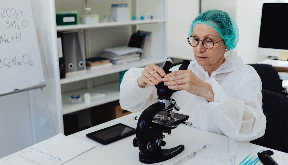 Elderly female scientist in PPE examining samples with a microscope in a modern lab.