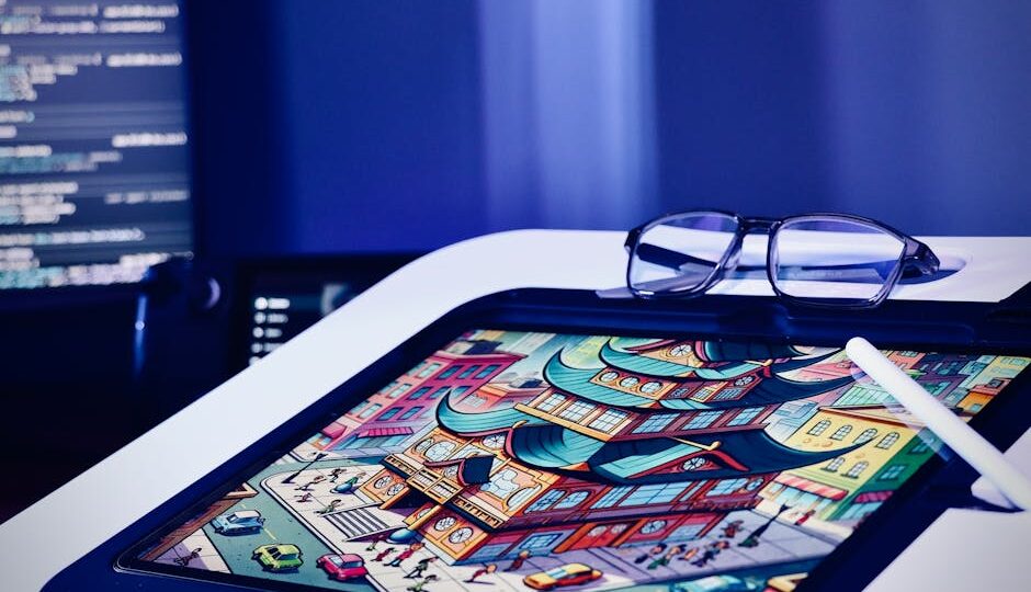 Digital artwork on a tablet with stylus and glasses in a creative setting.